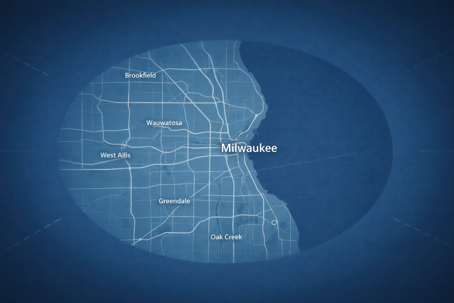 Annotated map showing Bay View's strategic position relative to downtown Milwaukee, the airport, ferry terminal, and I-94